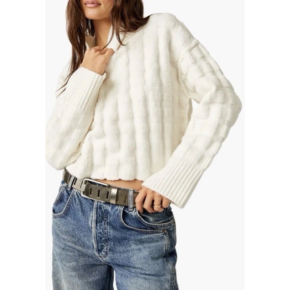 Free People‎ We The Free Sweater Soul Searcher Mock Neck Off White Chunky S M